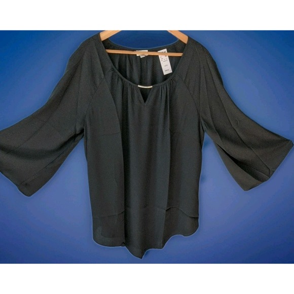 Dressy Black Crepe Avenue Open Neck Blouse with Chrome  Bar At Keyhole Sz 16 New - Picture 1 of 5
